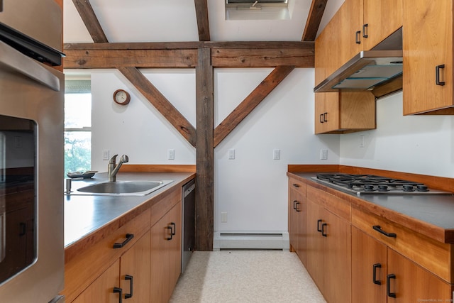 178 Carter Rd, Kent, CT 06754 - kitchen with baseboard heating, stainless steel appliances, extractor fan, and beamed ceiling