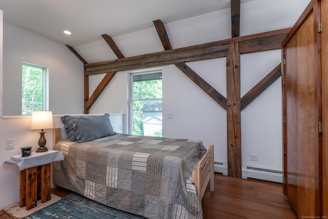 178 Carter Rd, Kent, CT 06754 - bedroom featuring wood finished floors, vaulted ceiling, a baseboard radiator, and recessed lighting