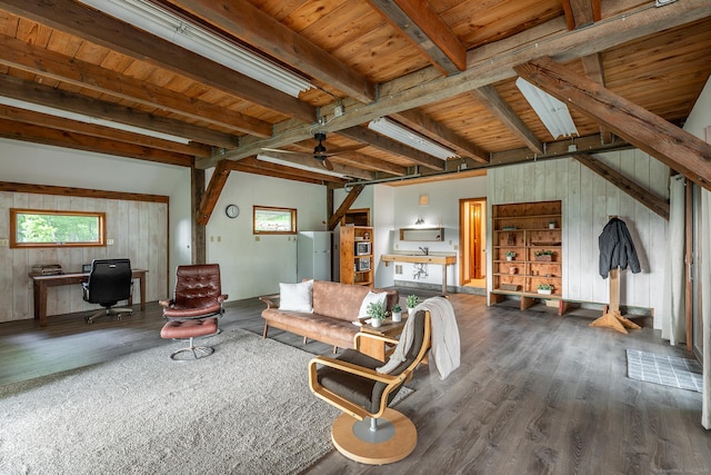 178 Carter Rd, Kent, CT 06754 - living area featuring wood finished floors, beam ceiling, a desk, wooden walls, and ceiling fan
