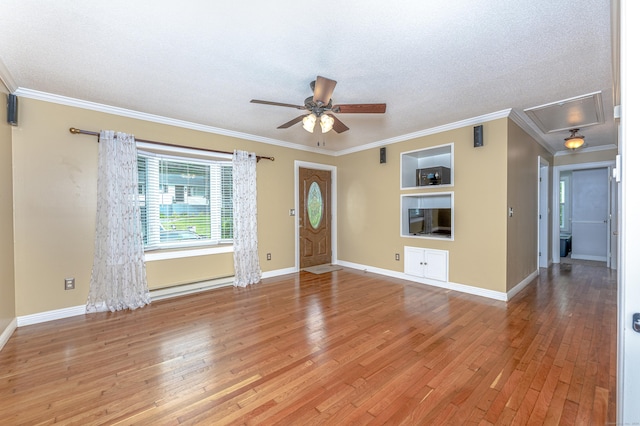 30 Lewis Rd, Bristol, CT 06010 - entryway with a ceiling fan, light wood-type flooring, ornamental molding, a textured ceiling, and a baseboard heating unit