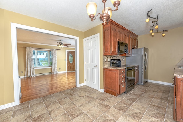 30 Lewis Rd, Bristol, CT 06010 - kitchen with black appliances, brown cabinetry, a textured ceiling, light stone countertops, and ceiling fan