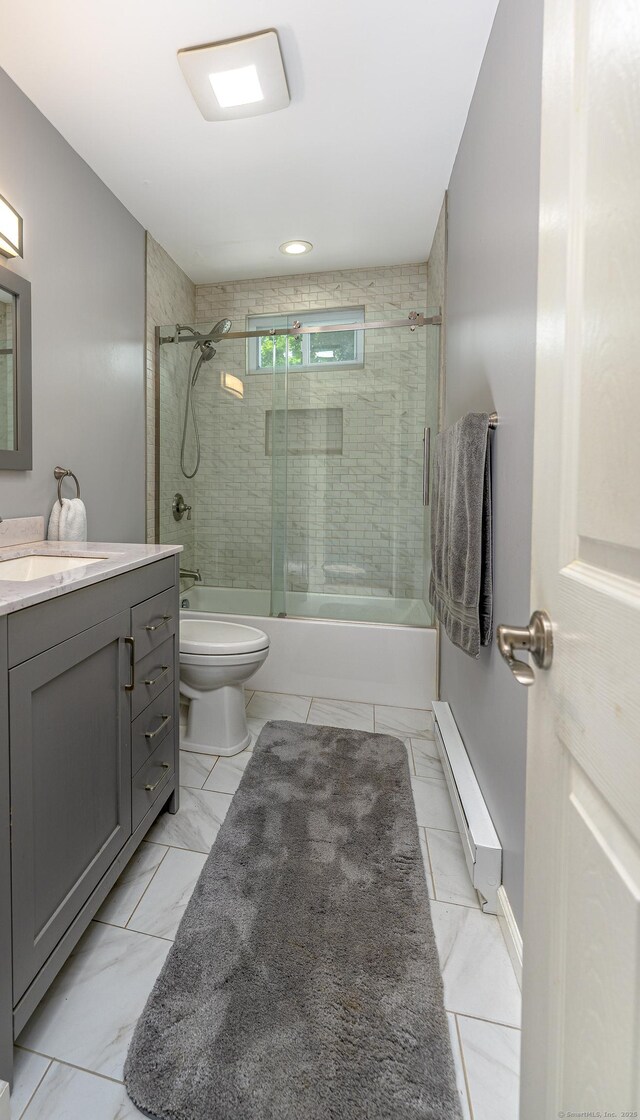 30 Lewis Rd, Bristol, CT 06010 - full bath featuring baseboard heating, enclosed tub / shower combo, vanity, and marble finish flooring