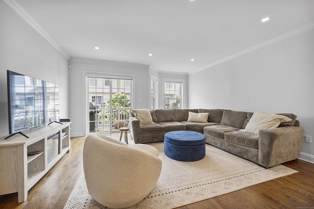 85 Camp Ave Apt 11J, Stamford, CT 06907 - living room featuring wood finished floors, ornamental molding, and recessed lighting
