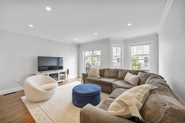 85 Camp Ave Apt 11J, Stamford, CT 06907 - living room featuring ornamental molding, wood finished floors, and recessed lighting