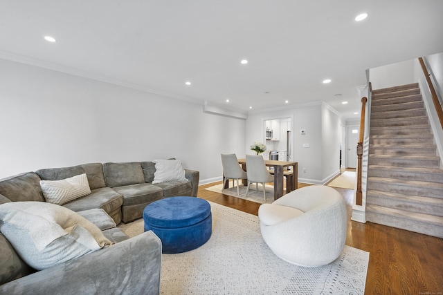 85 Camp Ave Apt 11J, Stamford, CT 06907 - living area featuring ornamental molding, recessed lighting, stairs, and wood finished floors