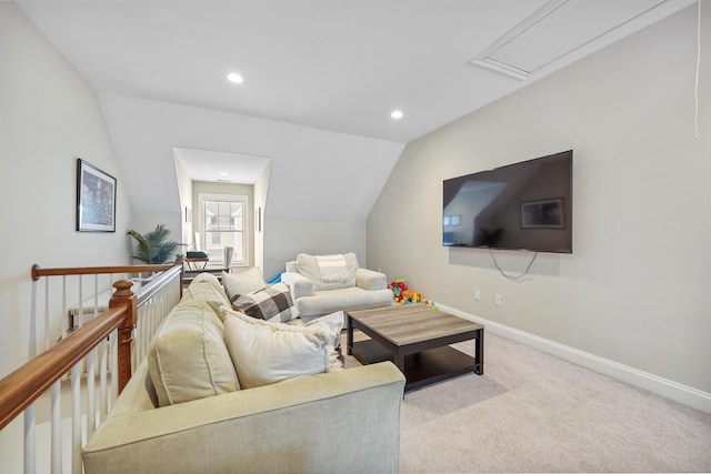 85 Camp Ave Apt 11J, Stamford, CT 06907 - living room featuring attic access, recessed lighting, carpet, and vaulted ceiling