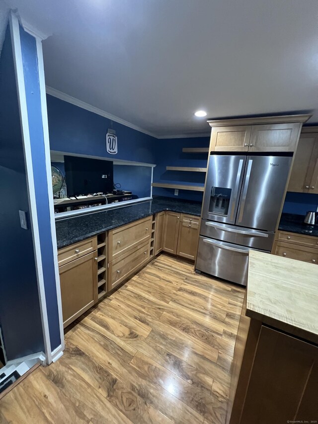 51 Brook St Apt 3C, Naugatuck, CT 06770 - kitchen featuring stainless steel fridge with ice dispenser, ornamental molding, light wood finished floors, dark countertops, and recessed lighting