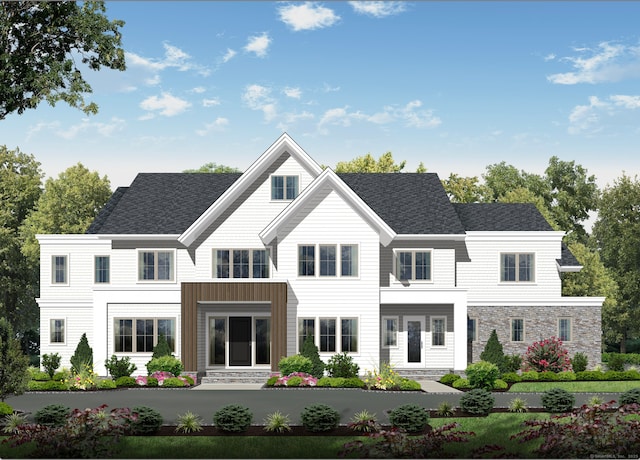 7 Roshab Ln, Westport, CT 06880 - back of house featuring stone siding and roof with shingles