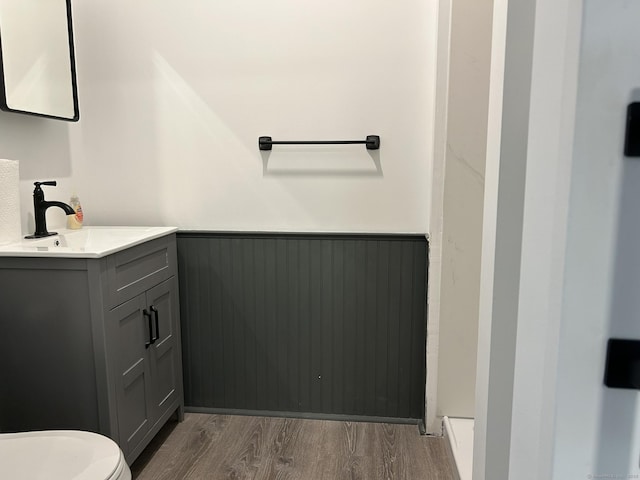 756 Hart St, Bridgeport, CT 06606 - bathroom featuring wainscoting, wood finished floors, and vanity