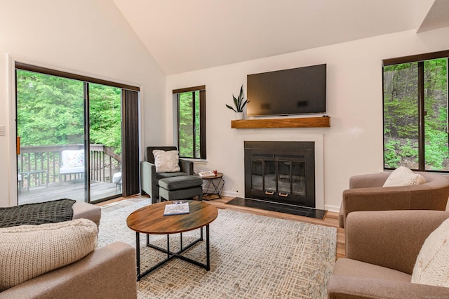 11 Wood Duck Ln Unit 11, Simsbury, CT 06081 - living area featuring healthy amount of natural light, wood finished floors, a fireplace with flush hearth, and high vaulted ceiling