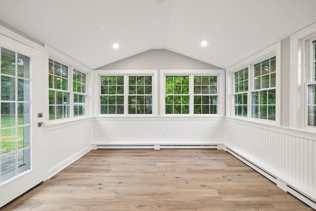 8 Edwards Rd, Old Saybrook, CT 06475 - unfurnished sunroom featuring vaulted ceiling, wood finished floors, and a baseboard heating unit