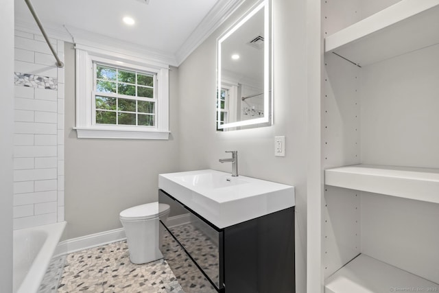 8 Edwards Rd, Old Saybrook, CT 06475 - bathroom featuring vanity, crown molding, recessed lighting, and washtub / shower combination
