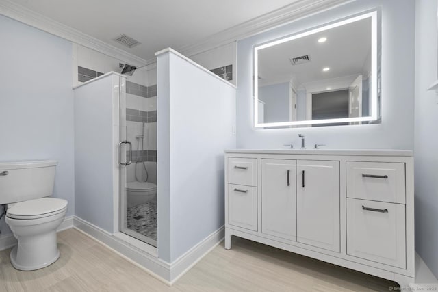 8 Edwards Rd, Old Saybrook, CT 06475 - full bath with vanity, a stall shower, ornamental molding, recessed lighting, and wood finished floors