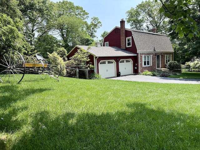 81 Jan Rd, Bristol, CT 06010 - view of property exterior with a chimney, a garage, a gambrel roof, driveway, and a shingled roof