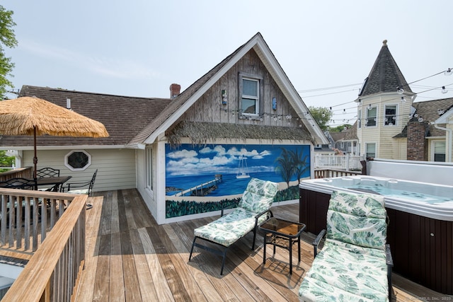7 Crescent Ave, East Lyme, CT 06357 - wooden terrace with a hot tub and outdoor dining area