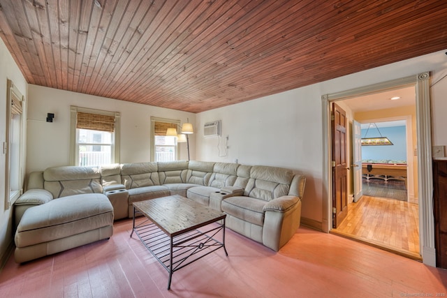 7 Crescent Ave, East Lyme, CT 06357 - living room with wood-type flooring, a wall unit AC, and wooden ceiling