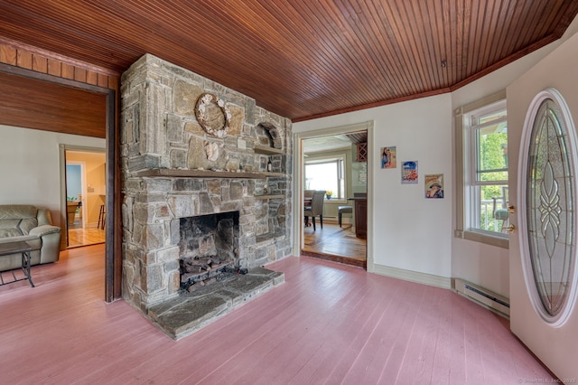 7 Crescent Ave, East Lyme, CT 06357 - unfurnished living room featuring a baseboard radiator, a stone fireplace, wood-type flooring, wooden ceiling, and baseboards