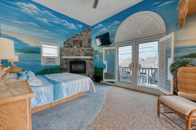 7 Crescent Ave, East Lyme, CT 06357 - carpeted bedroom featuring lofted ceiling, access to outside, a stone fireplace, cooling unit, and french doors
