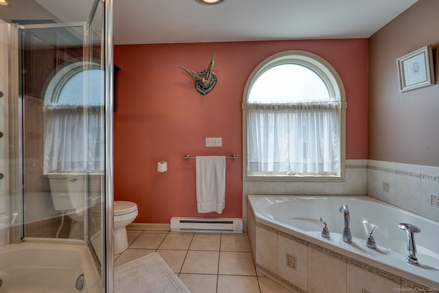 7 Crescent Ave, East Lyme, CT 06357 - bathroom with a baseboard heating unit, toilet, a garden tub, tile patterned floors, and a shower stall