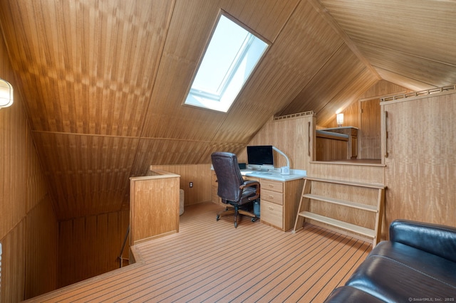 7 Crescent Ave, East Lyme, CT 06357 - office space featuring a skylight, lofted ceiling, and wood walls