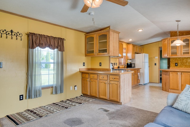 60 Lions Way, Windham, CT 06256 - kitchen featuring freestanding refrigerator, glass insert cabinets, a ceiling fan, hanging light fixtures, and lofted ceiling