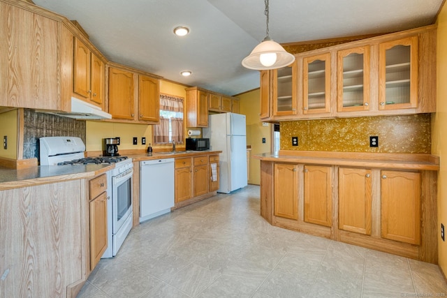 60 Lions Way, Windham, CT 06256 - kitchen featuring white appliances, glass insert cabinets, tasteful backsplash, pendant lighting, and under cabinet range hood