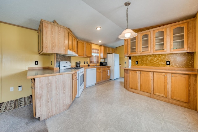 60 Lions Way, Windham, CT 06256 - kitchen featuring white appliances, lofted ceiling, glass insert cabinets, under cabinet range hood, and hanging light fixtures