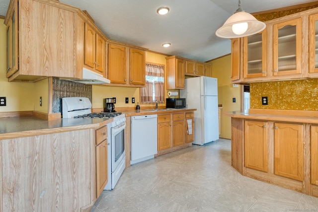 60 Lions Way, Windham, CT 06256 - kitchen with white appliances, glass insert cabinets, under cabinet range hood, decorative light fixtures, and light countertops