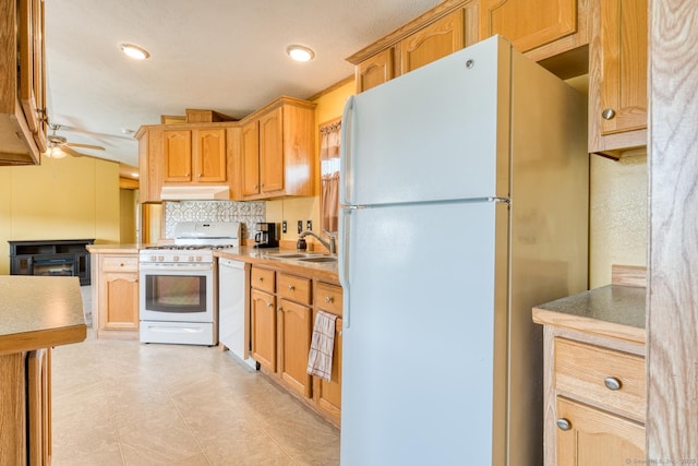 60 Lions Way, Windham, CT 06256 - kitchen featuring white appliances, under cabinet range hood, light countertops, a ceiling fan, and tasteful backsplash