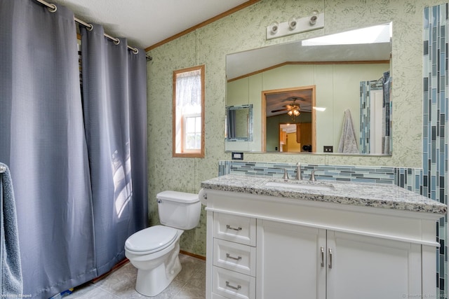 60 Lions Way, Windham, CT 06256 - bathroom featuring ornamental molding, wallpapered walls, vanity, vaulted ceiling, and tile patterned floors