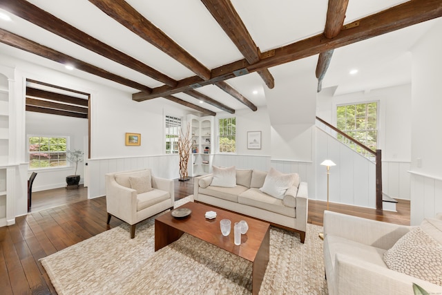 47 Godfrey Rd W, Weston, CT 06883 - living room featuring wainscoting, wood-type flooring, beamed ceiling, stairs, and recessed lighting