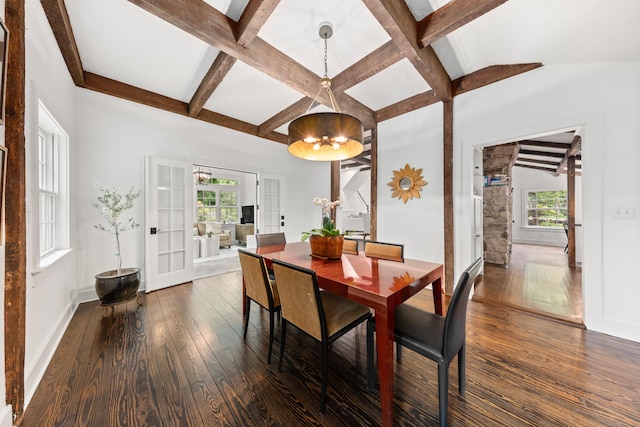 47 Godfrey Rd W, Weston, CT 06883 - dining space with dark wood-style floors, coffered ceiling, beam ceiling, and french doors