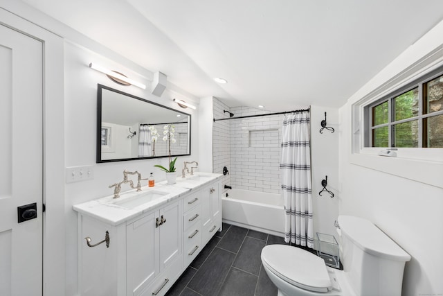 47 Godfrey Rd W, Weston, CT 06883 - bathroom featuring double vanity, shower / bath combination with curtain, tile patterned floors, and recessed lighting