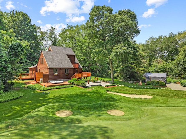 122 Old Post Rd, Old Saybrook, CT 06475 - view of grassy yard featuring a wooden deck and view of golf course