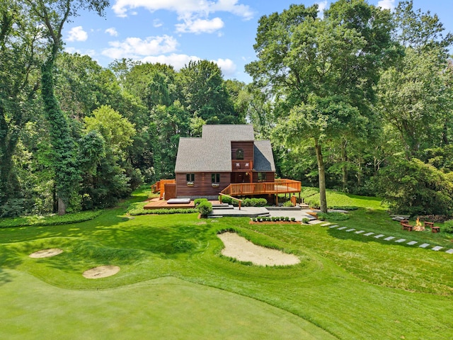122 Old Post Rd, Old Saybrook, CT 06475 - rear view of property with a deck, a lawn, and roof with shingles