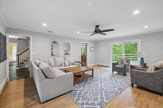 65 Nassahegan Dr, Burlington, CT 06013 - living area with a ceiling fan, crown molding, stairway, recessed lighting, and baseboard heating
