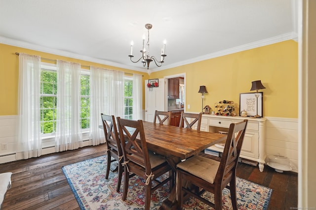 65 Nassahegan Dr, Burlington, CT 06013 - dining area featuring a chandelier, wainscoting, ornamental molding, and dark wood-type flooring