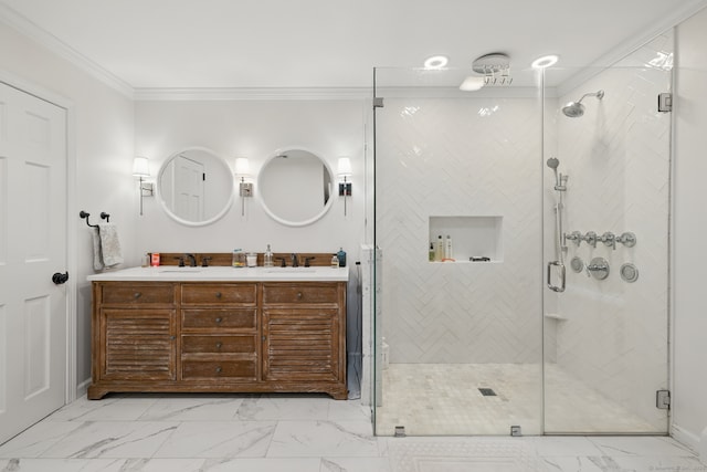 65 Nassahegan Dr, Burlington, CT 06013 - bathroom featuring marble look tile flooring, double vanity, ornamental molding, and a stall shower