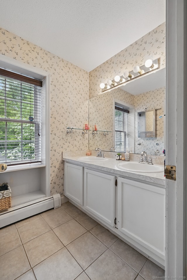 65 Nassahegan Dr, Burlington, CT 06013 - full bathroom featuring wallpapered walls, double vanity, tile patterned flooring, and a textured ceiling