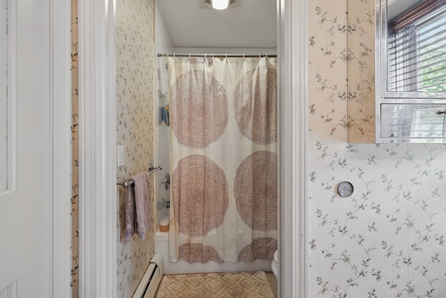65 Nassahegan Dr, Burlington, CT 06013 - full bath with shower / bathtub combination with curtain, a baseboard heating unit, and wallpapered walls