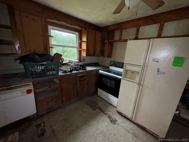 4 Lox Ln, Enfield, CT 06082 - kitchen with white appliances, a ceiling fan, brown cabinets, and open shelves