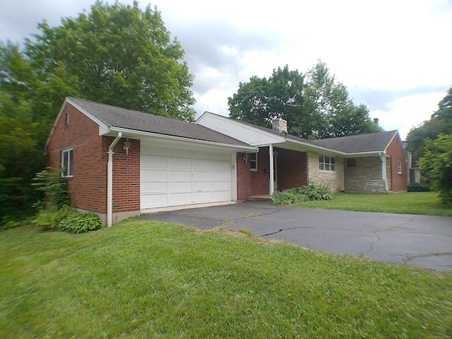 152 Old Mill Rd, Middletown, CT 06457 - ranch-style home with an attached garage, driveway, a front lawn, brick siding, and a chimney