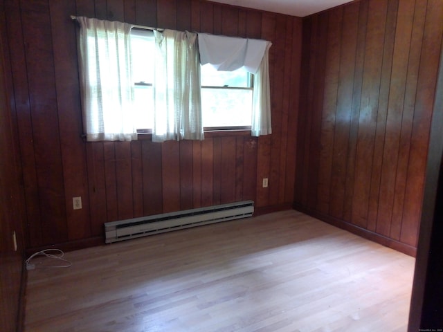 152 Old Mill Rd, Middletown, CT 06457 - empty room with a baseboard radiator, light wood finished floors, and wood walls