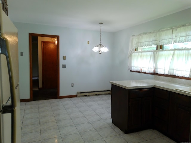 152 Old Mill Rd, Middletown, CT 06457 - kitchen with freestanding refrigerator, baseboard heating, light countertops, a chandelier, and hanging light fixtures