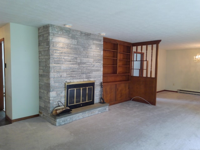 152 Old Mill Rd, Middletown, CT 06457 - unfurnished living room featuring a stone fireplace, a chandelier, carpet floors, a baseboard heating unit, and a textured ceiling