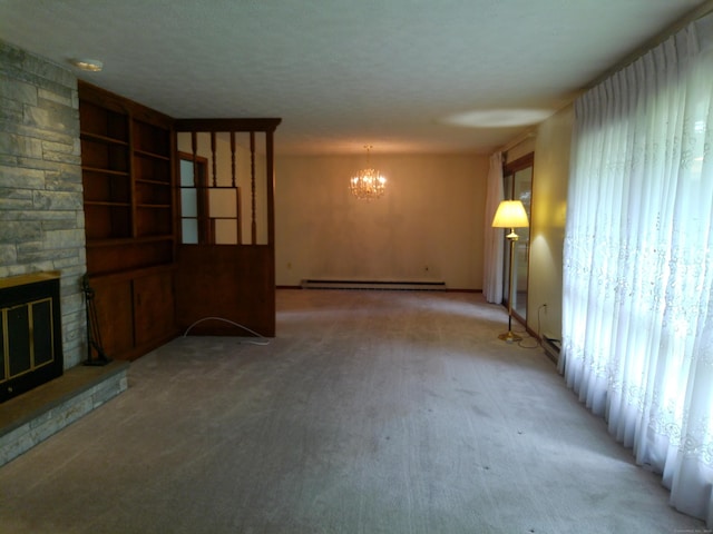 152 Old Mill Rd, Middletown, CT 06457 - unfurnished living room with a chandelier, light carpet, a stone fireplace, and baseboard heating