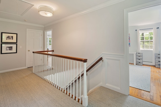 37 Woodridge Cir, New Canaan, CT 06840 - stairway with attic access, ornamental molding, a wainscoted wall, and wood finished floors