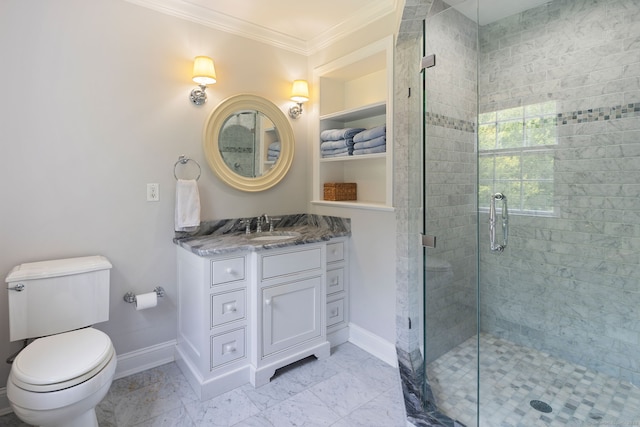 37 Woodridge Cir, New Canaan, CT 06840 - full bathroom with ornamental molding, vanity, a stall shower, and marble finish floors