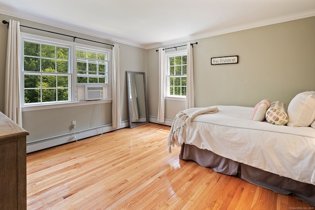 37 Woodridge Cir, New Canaan, CT 06840 - bedroom with a baseboard radiator, wood finished floors, crown molding, and cooling unit