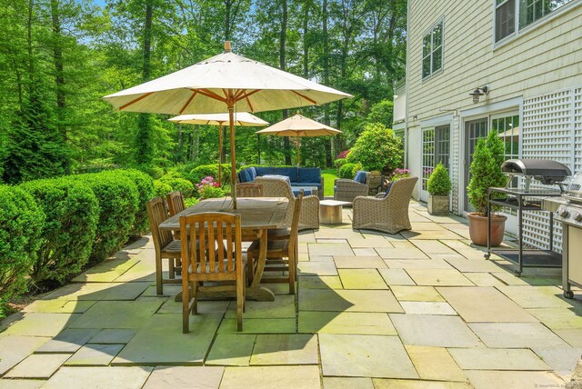 37 Woodridge Cir, New Canaan, CT 06840 - view of patio featuring an outdoor hangout area, outdoor dining space, and grilling area